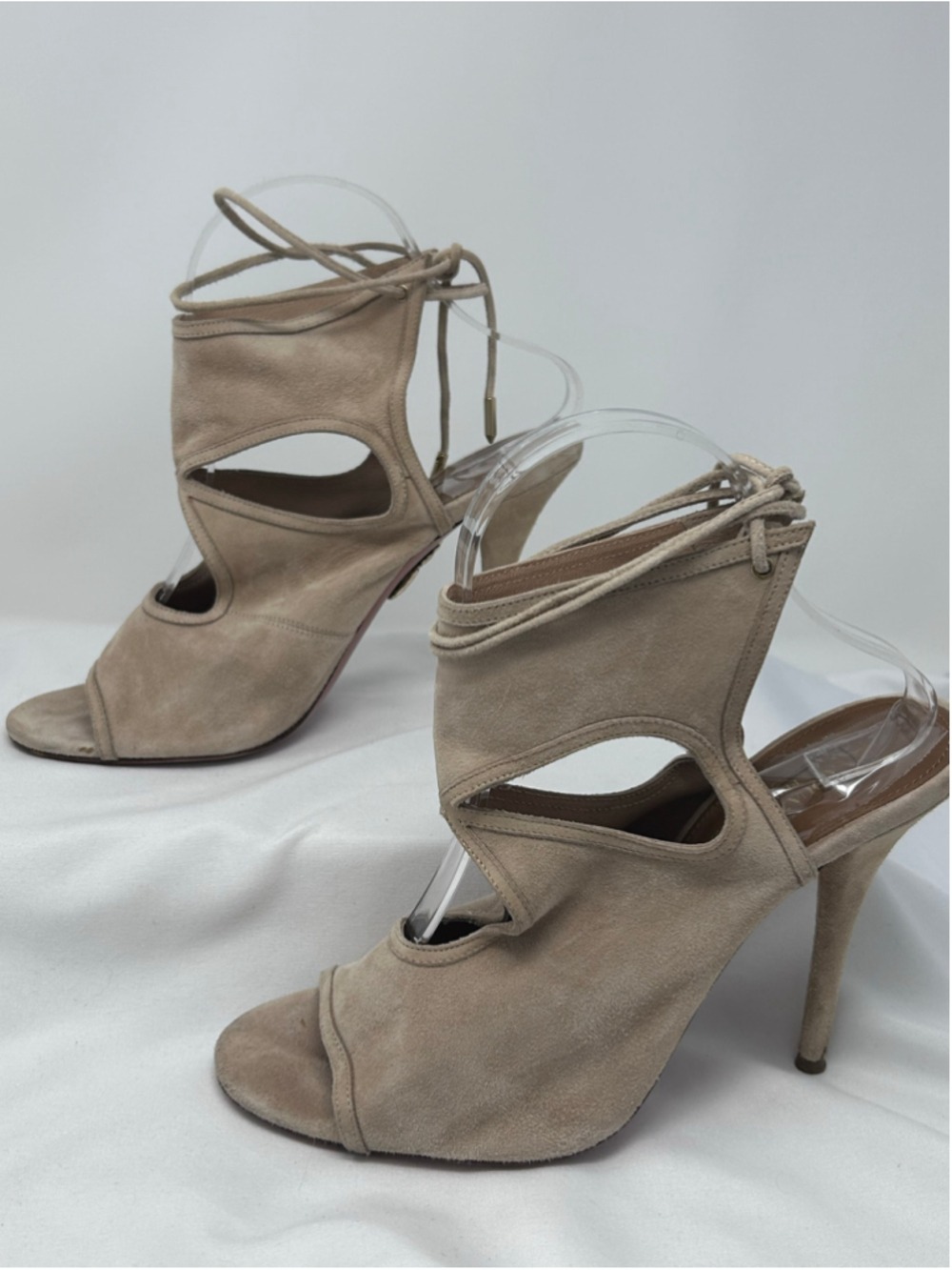 Aquazzura Sexy Thing Nude Beige Suede Lace Up Heels 38.5 Peep Toe - Picture 2 of 12